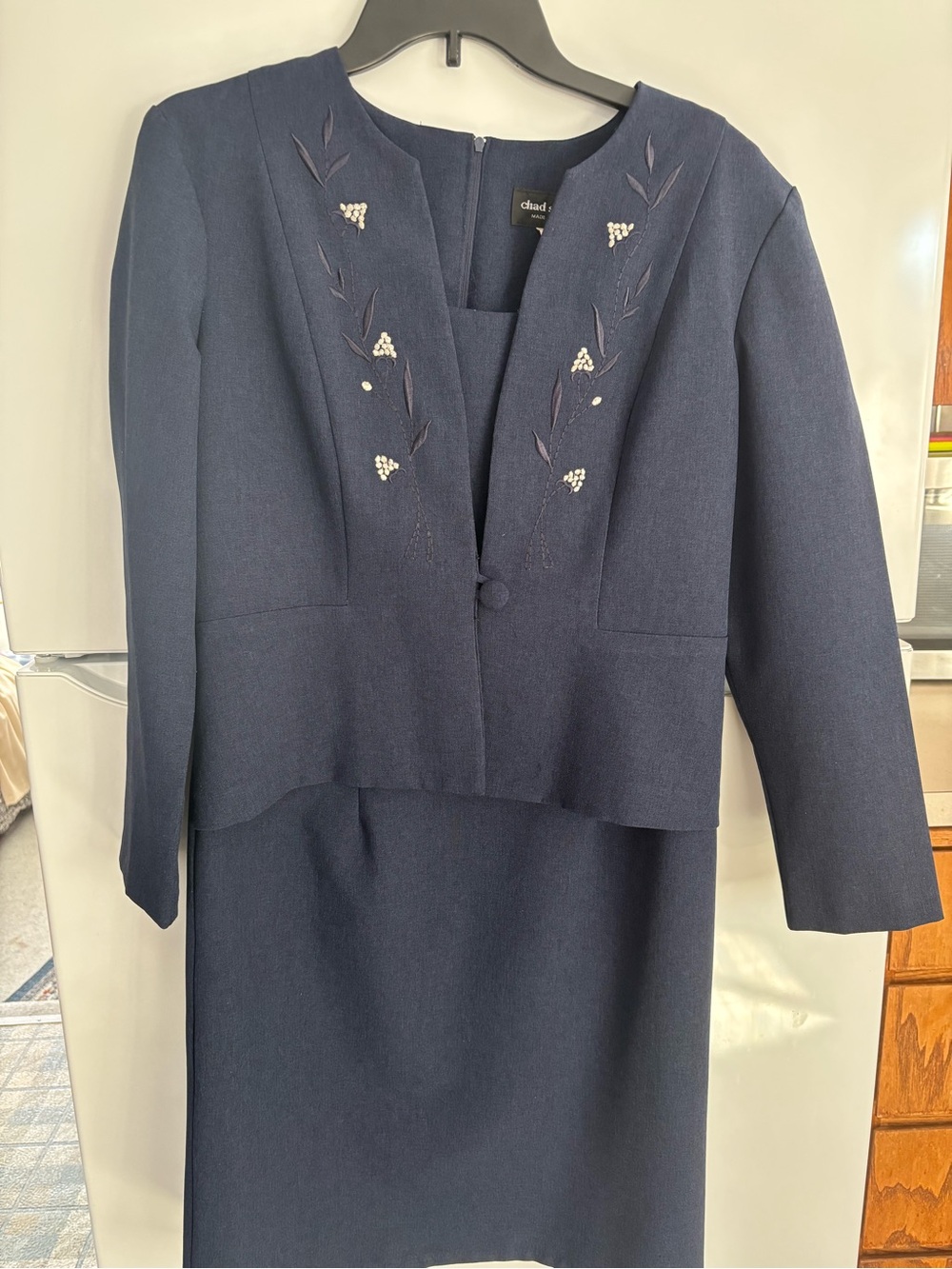 Classic Navy Women's Jacket & Dress Set - Elegant Embroidered Detail